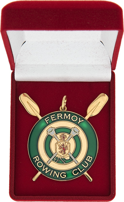 rowing club award coin, red medal box