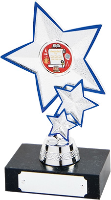 silver star with blue trim, trophy