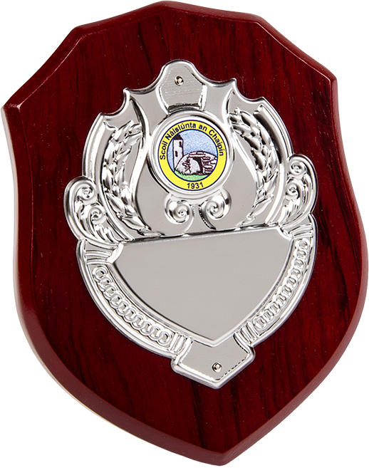 wood shield, silver shield plaque