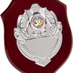 wood shield plaque, silver