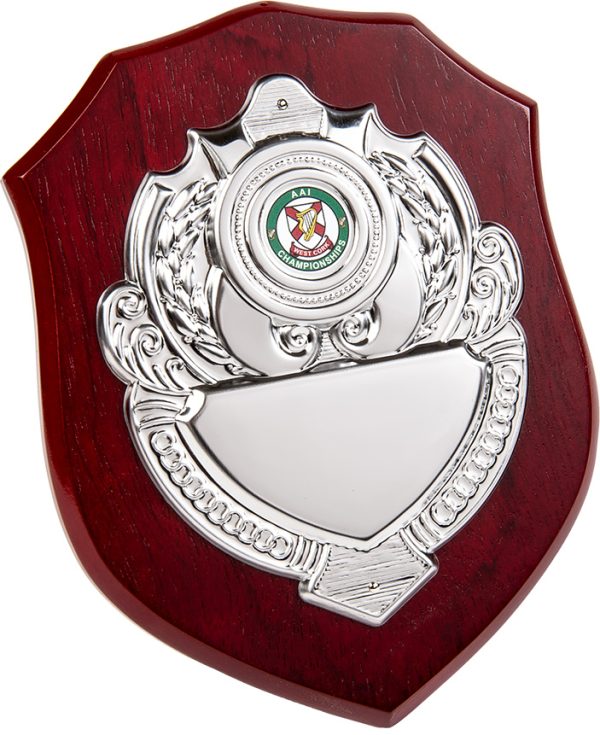 wood plaque, silver shield