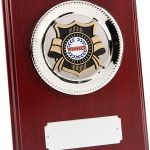 wood plaque rectangle, silver plate, gold shield award