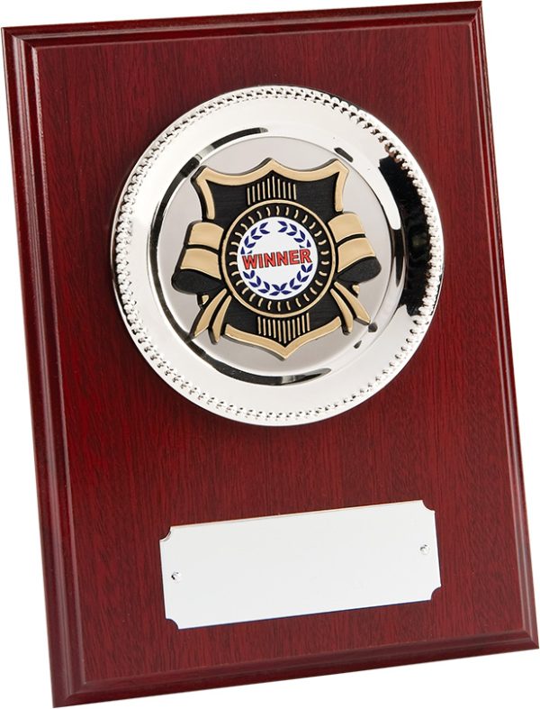 wood plaque rectangle, silver plate, gold shield award