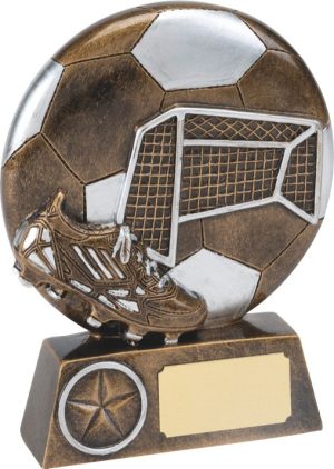 bronze soccer trophy, ball, net, boot