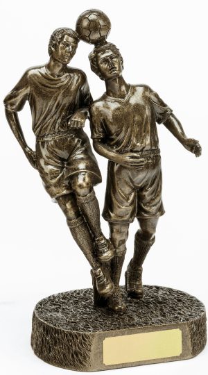 two soccer players, football players, men, bronze, trophy